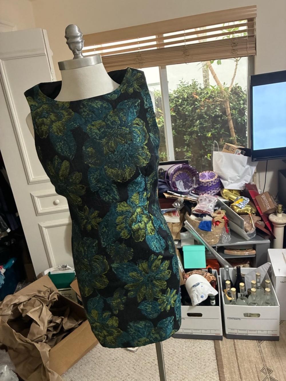 Sandra Darren Black Sheath Dress with Teal and Olive Floral Jacquard